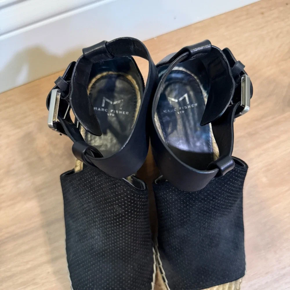 Marc Fisher MLANNIE Wedge Sandal Women 7.5 Black Leather Espadrille Platform